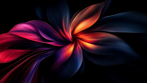 Neon abstract flower radiates fluid light on black void