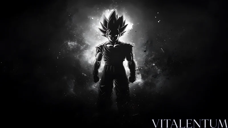 Silhouetted anime warrior in dramatic cosmic backlight.