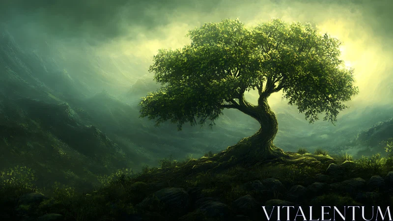 Lone emerald tree drinking light in a mist-drenched valley.