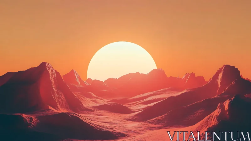 Distant sun over ridged terrain in orange atmospheric light.