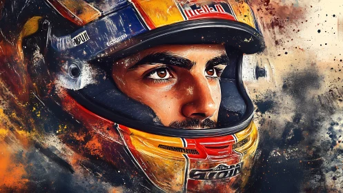 Racing driver portrait in dynamic splatter helmet study.