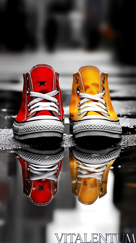 Red and yellow sneakers stand on wet street reflecting brightly