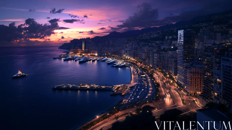 Coastal city harbor at dusk with yachts and traffic lights.