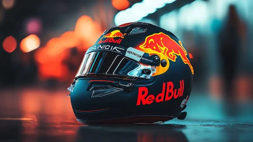 High-gloss Red Bull racing helmet with bokeh-lit pit lane background