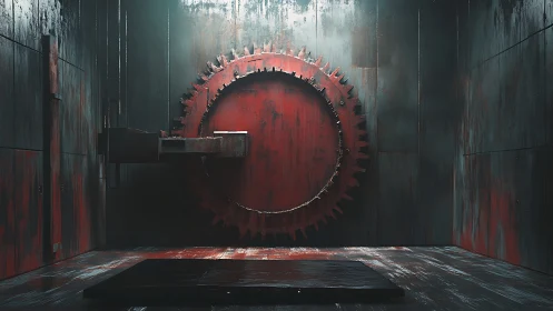 Rusted industrial gear wall dominates dark steel chamber.