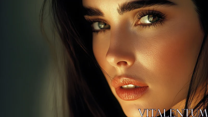 Close portrait of woman with sharp gaze and soft light.