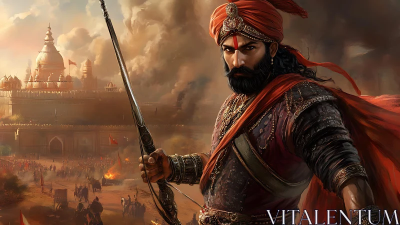 Warrior prince commands fortress under burning skies.