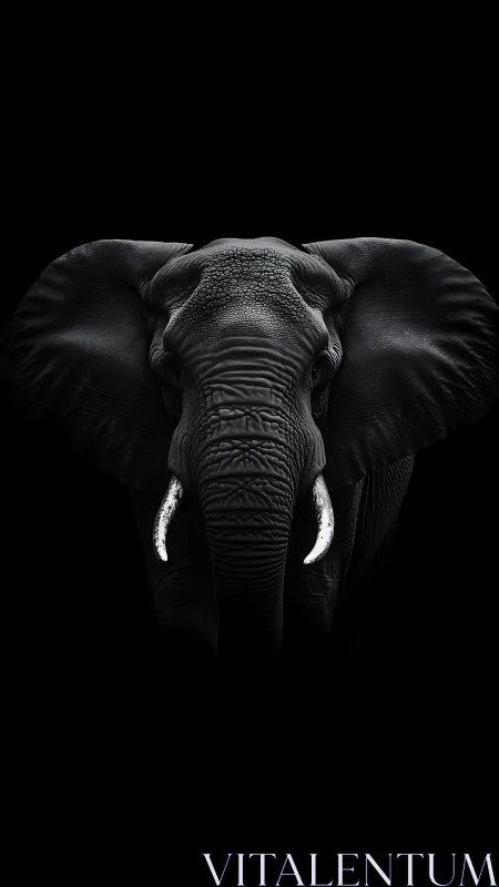 Elephant portrait dominates deep black negative space.