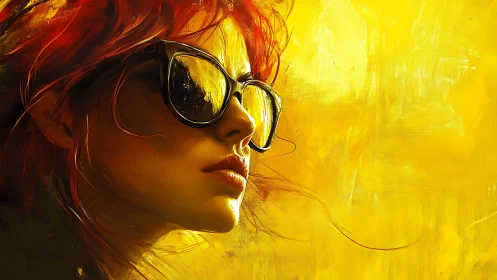 Fiery-haired woman in sunglasses glows against vivid yellow field.
