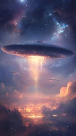 Starlit mothership gently descends above a glowing cityscape