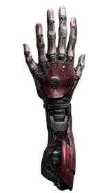 Raised cybernetic arm displays detailed red metal plating