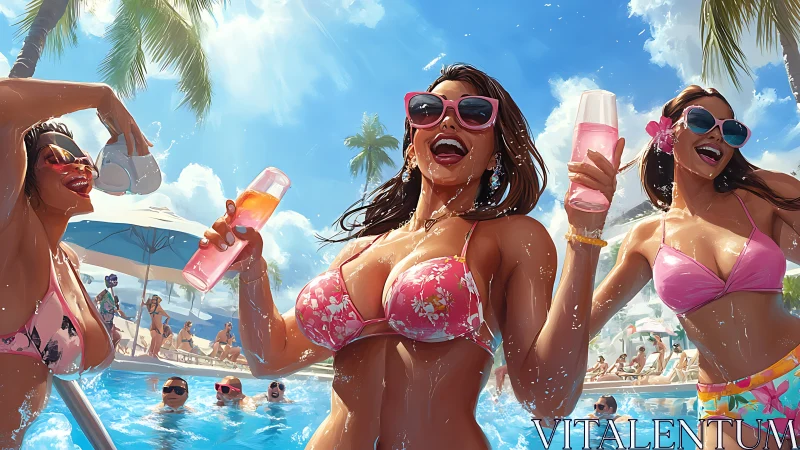 Vibrant bikini pool party under tropical palm-fringed sunshine