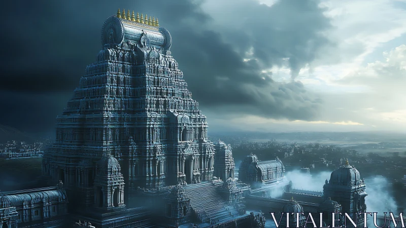 Stormlit stone temple citadel dominates brooding skyline.