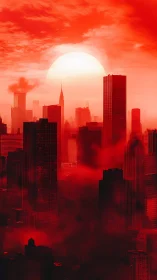Sun-drenched crimson skyline engulfs a futuristic cityscape