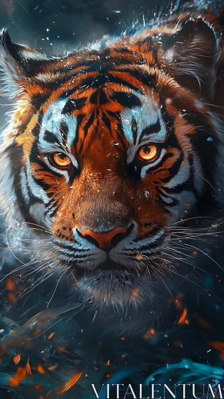 Fiery-eyed tiger emerges from swirling embers and mist