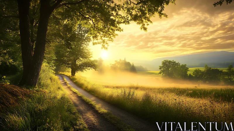 Country lane at sunrise with misty golden fields.