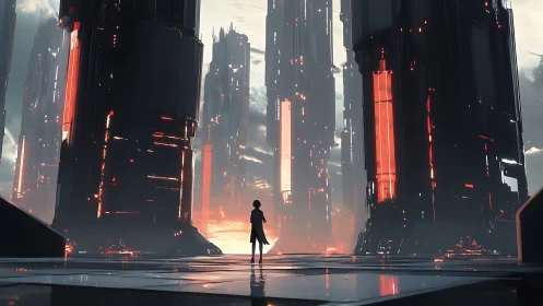 Lone figure stands before towering neon-lit scifi cityscape.