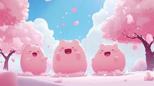 Pink creatures celebrate under blooming cherry trees