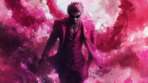 Male figure in magenta suit stands amid dense pink clouds