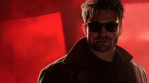 Midnight detective stalks neon shadows in burning red haze