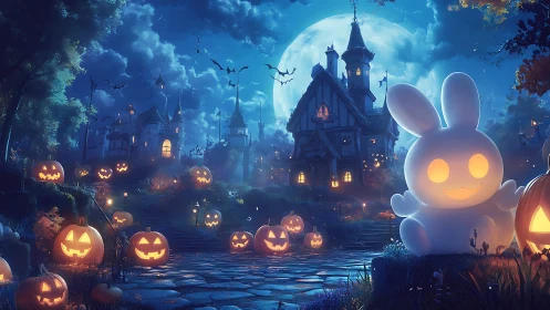 Moonlit pumpkin path and glowing bunny in haunted wonderland.