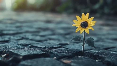 Single yellow daisy emerging through cracked cobblestone pavement