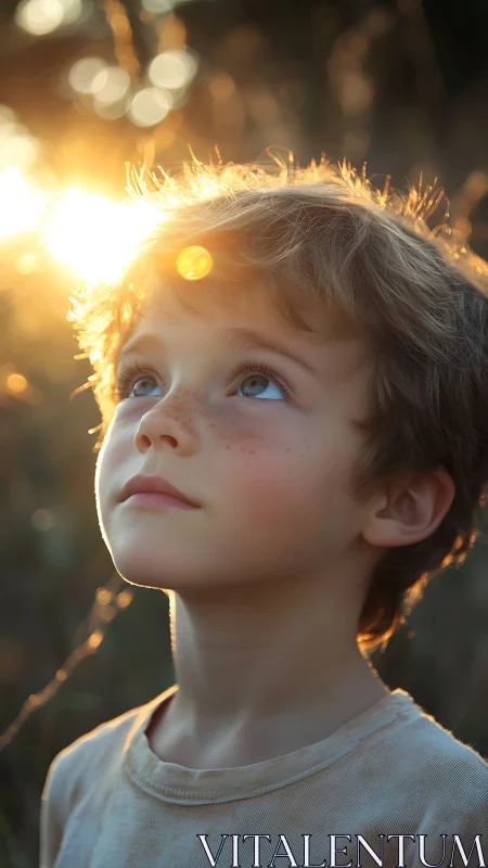 Child in golden hour backlighting gazes upward with wonder