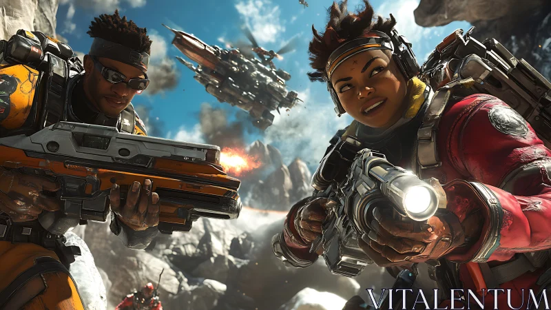 Cinematic sci-fi firefight with armored dual protagonists in focus.