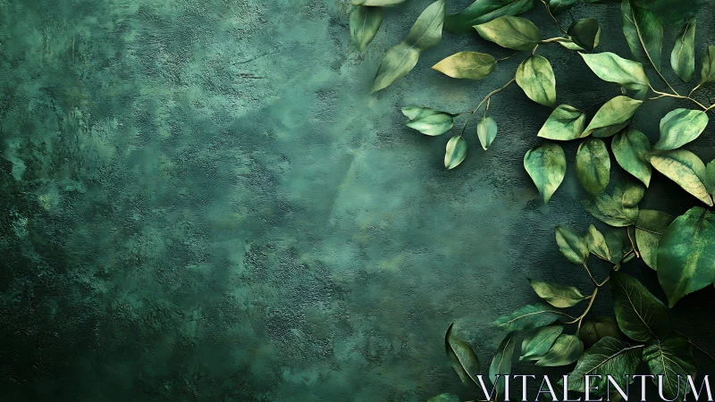 Diagonal foliage over textured teal background forms layered contrast