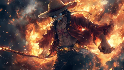 Straw hat warrior charges through roaring inferno blaze.