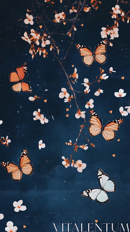 Monarch butterflies drift among stylized blossom branches at dusk