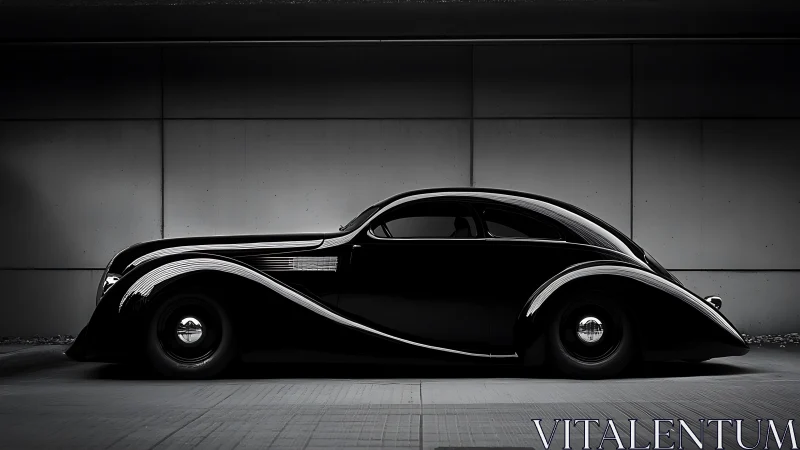 Sleek vintage black coupe glides gracefully through soft light