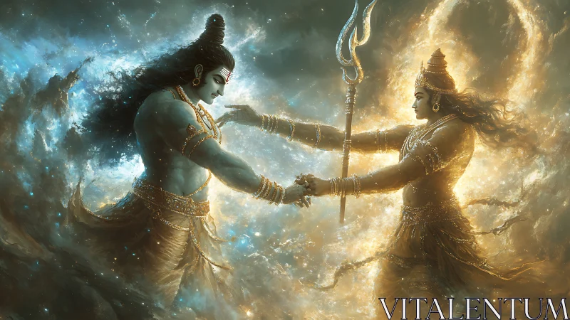 Divine cosmic duel rendered in luminous digital energies.