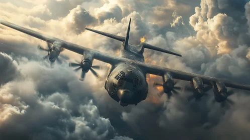 Storm-bound military aircraft powers through dramatic clouds