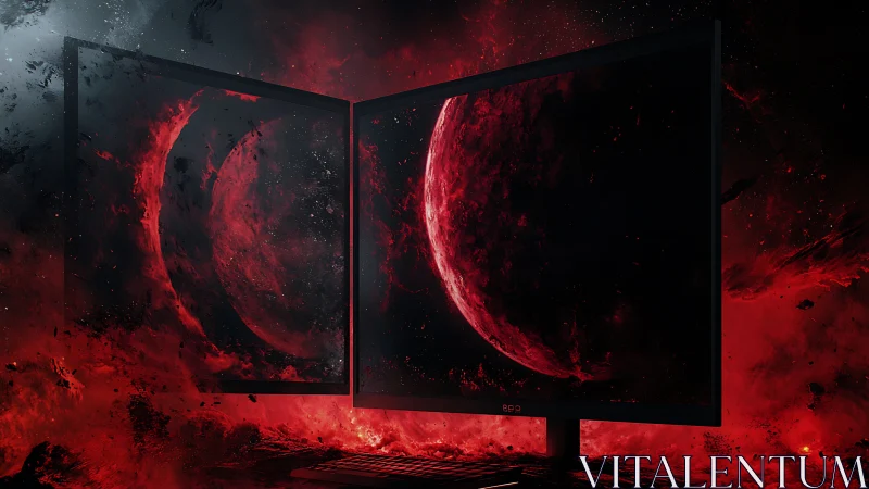 Twin gaming monitors open a vivid red cosmic battlefield