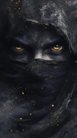 Shrouded warrior stares through black veil with burning eyes
