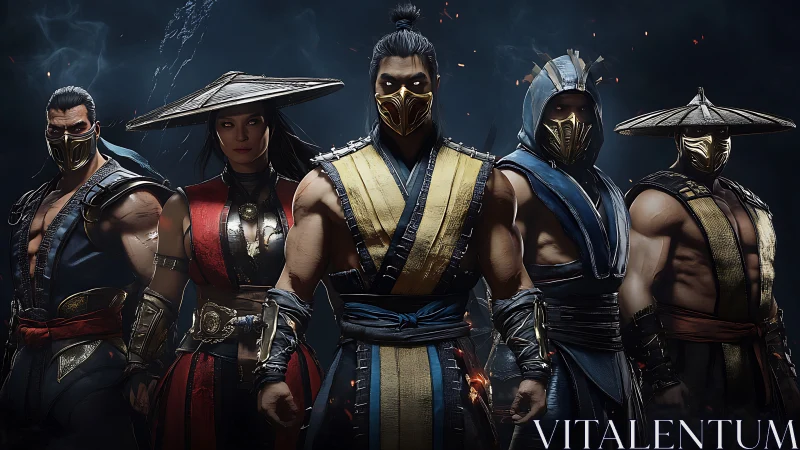 Armored ninja warriors pose in dramatic stormlit formation.