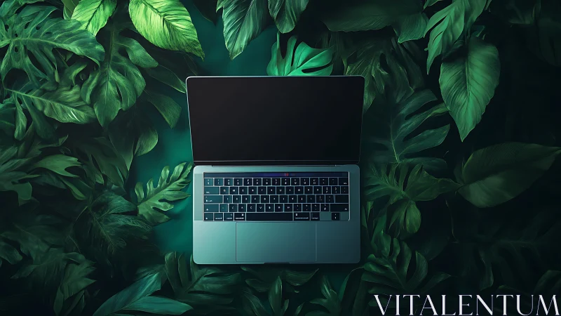 Open laptop computer centered amid dense green foliage.