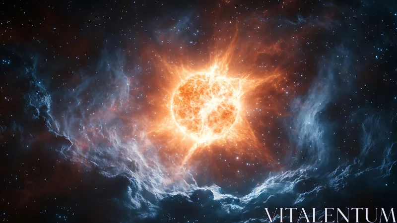 Stellar plasma sphere amid nebular clouds and starfield backdrop.