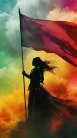 Silhouetted armored figure holds a large flag amid clouds