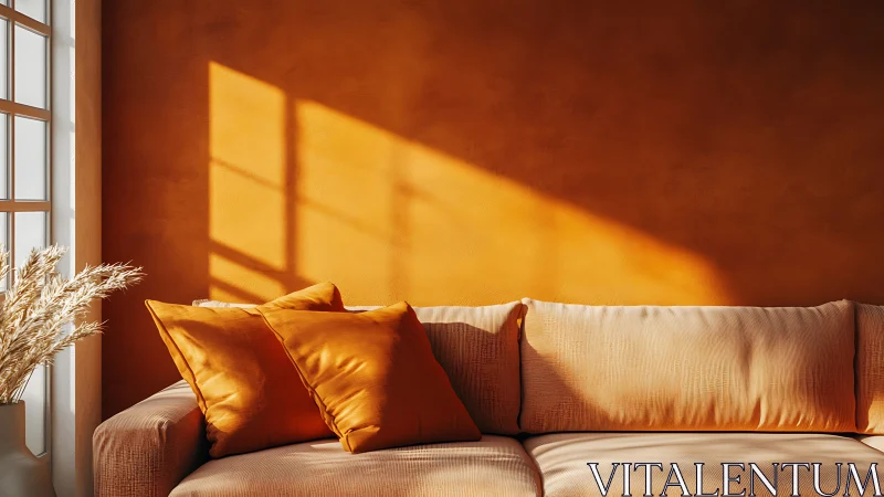 Orange wall with beige sofa and pillows in window light.