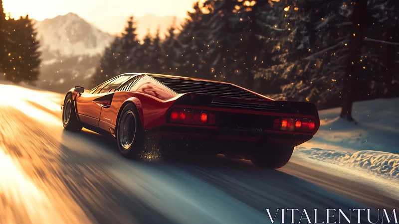 Classic red supercar powers through glowing winter pass.