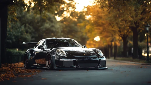Aerodynamic black track coupe in autumn bokeh-lit avenue.