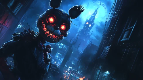 Cybernetic rabbit animatronic in nocturnal dystopian alley