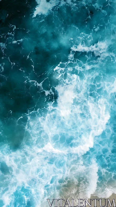 Photorealistic aerial study of breaking turquoise surf patterns.