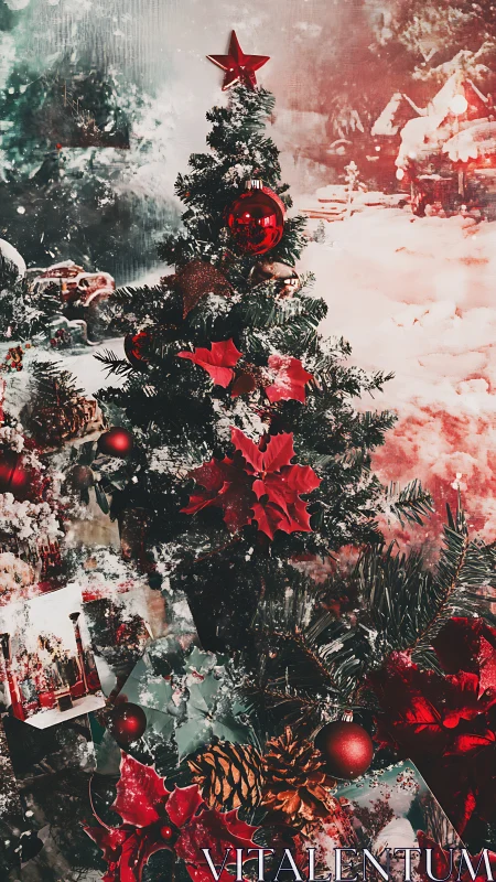 Layered Christmas tree collage under snowy holiday glow.