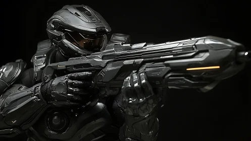Armored sci fi soldier aiming rifle in dark environment.