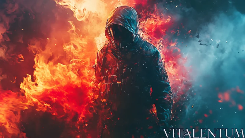Hooded figure in infernal firestorm meets cold cyan smoke