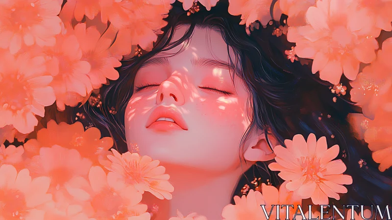 Dreaming beneath coral blossoms, soft-faced springlight girl.