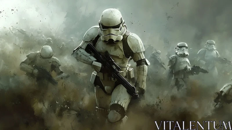 Armored infantry charge through particulate war fog field.